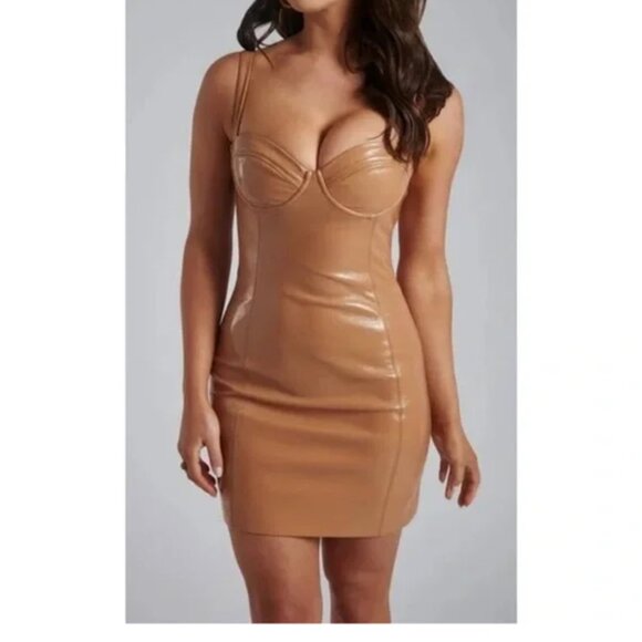 MESHKI Amoura Patent Faux Leather Nude Bustier Cupped Mini Dress size medium - Picture 4 of 6